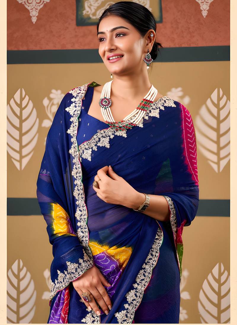 Blue color smart chiffon fabric designer embroidered smart and elegant saree