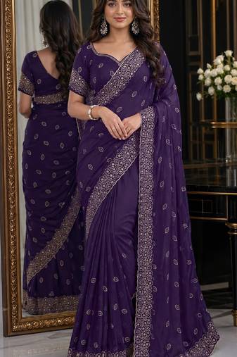 Purple soft georgette embroidery work festive saree with unstitched blouse piece
