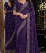 Purple soft georgette embroidery work festive saree with unstitched blouse piece