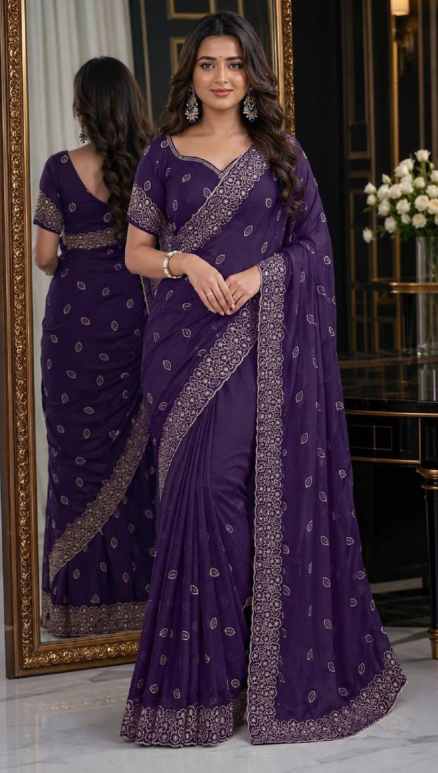 Purple soft georgette embroidery work festive saree with unstitched blouse piece