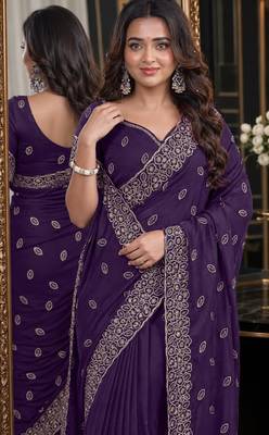 Purple soft georgette embroidery work festive saree with unstitched blouse piece 2