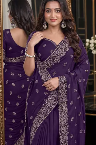 Purple soft georgette embroidery work festive saree with unstitched blouse piece