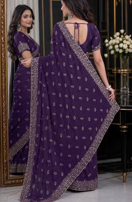 Purple soft georgette embroidery work festive saree with unstitched blouse piece 3