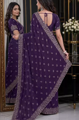 Purple soft georgette embroidery work festive saree with unstitched blouse piece
