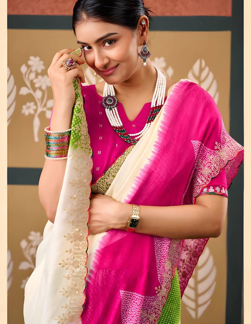 Pink color smart chiffon fabric designer embroidered smart and elegant saree