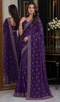 Purple soft georgette embroidery work festive saree with unstitched blouse piece 4