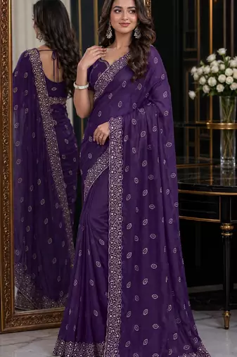 Purple soft georgette embroidery work festive saree with unstitched blouse piece
