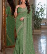 Pista soft georgette embroidery work festive saree with unstitched blouse piece