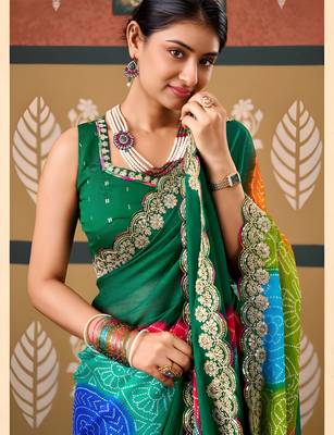 Green color smart chiffon fabric designer embroidered smart and elegant saree 3