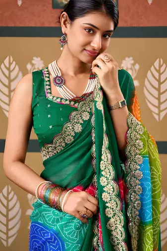 Green color smart chiffon fabric designer embroidered smart and elegant saree
