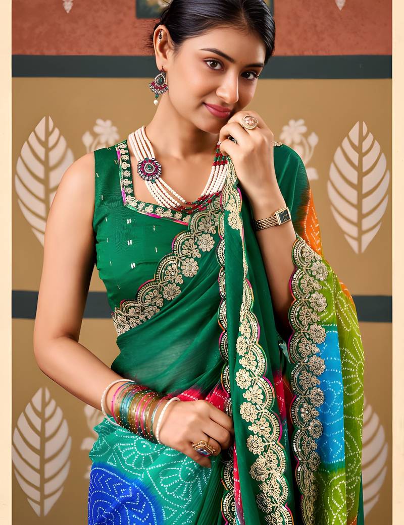 Green color smart chiffon fabric designer embroidered smart and elegant saree