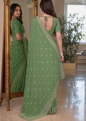 Pista soft georgette embroidery work festive saree with unstitched blouse piece 3
