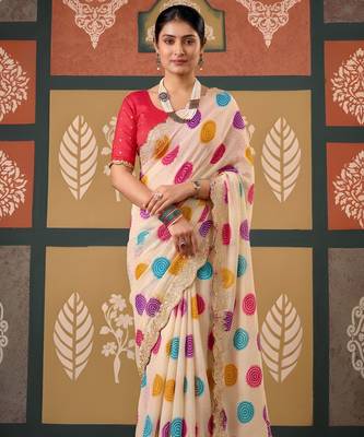 Cream color smart chiffon fabric designer embroidered smart and elegant saree 1