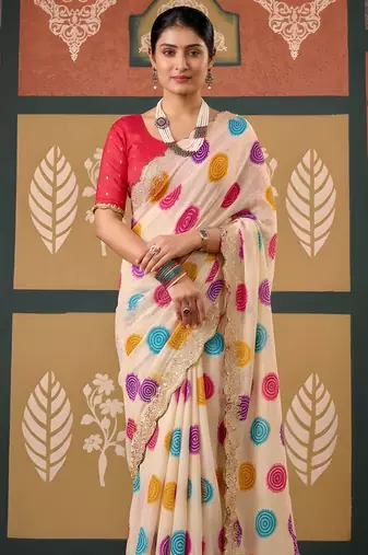 Cream color smart chiffon fabric designer embroidered smart and elegant saree
