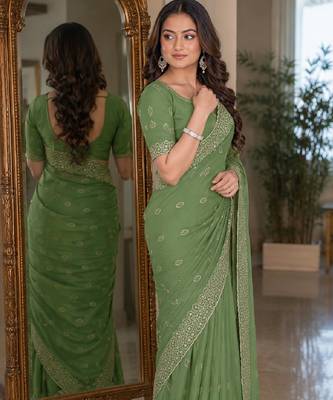 Pista soft georgette embroidery work festive saree with unstitched blouse piece 4