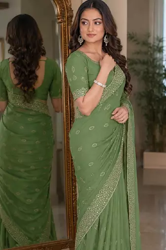 Pista soft georgette embroidery work festive saree with unstitched blouse piece