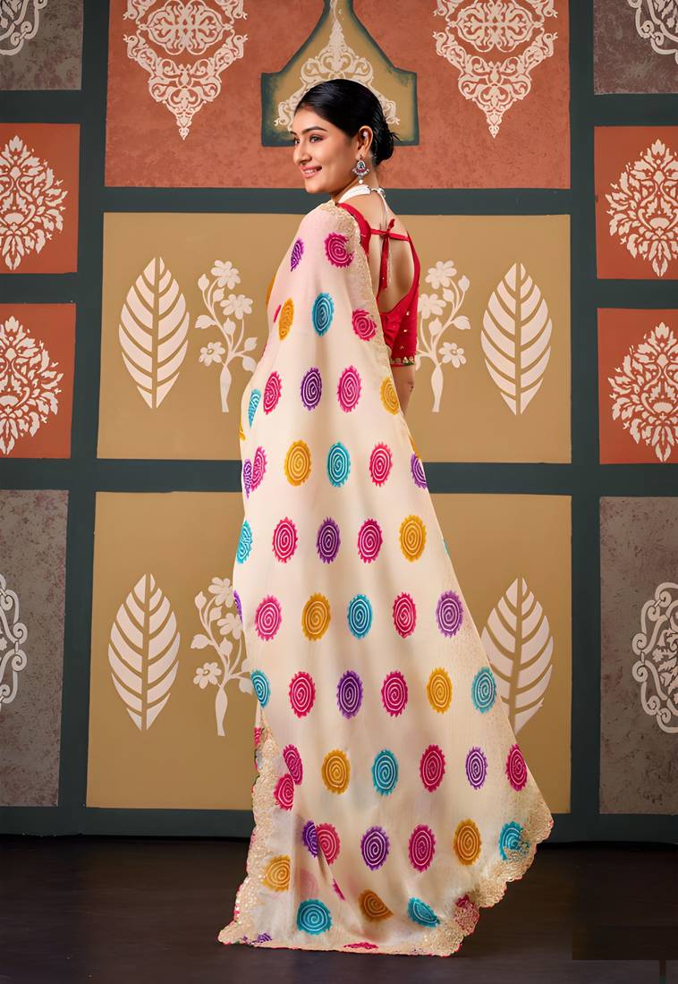 Cream color smart chiffon fabric designer embroidered smart and elegant saree