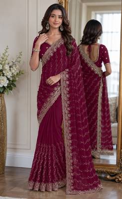 Wine soft georgette embroidery work festive saree with unstitched blouse piece 1