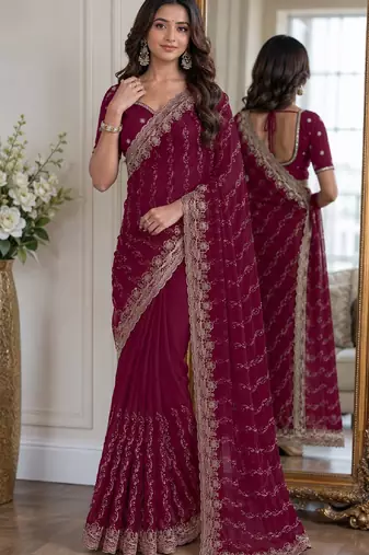 Wine soft georgette embroidery work festive saree with unstitched blouse piece