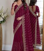 Wine soft georgette embroidery work festive saree with unstitched blouse piece