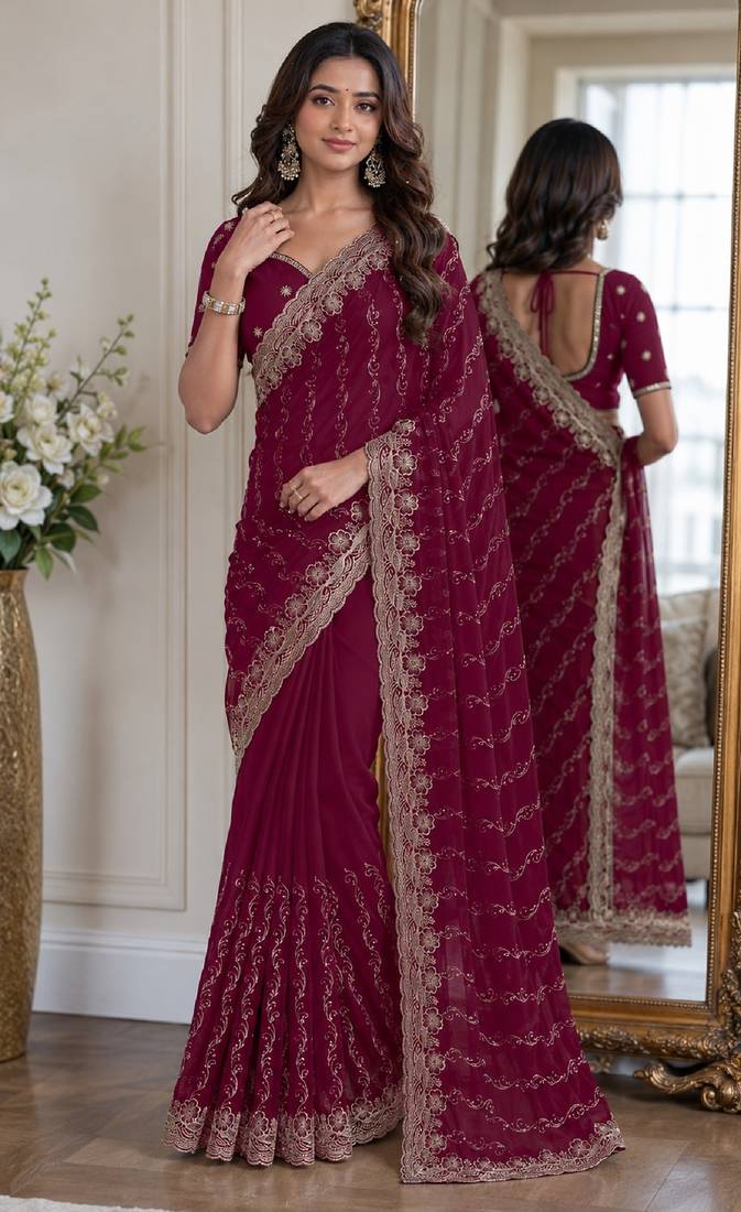 Wine soft georgette embroidery work festive saree with unstitched blouse piece