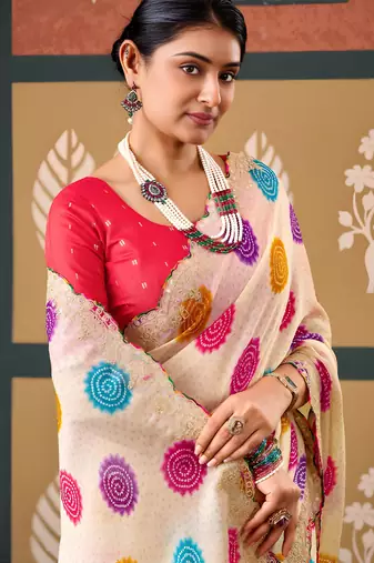 Cream color smart chiffon fabric designer embroidered smart and elegant saree
