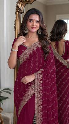 Wine soft georgette embroidery work festive saree with unstitched blouse piece 2