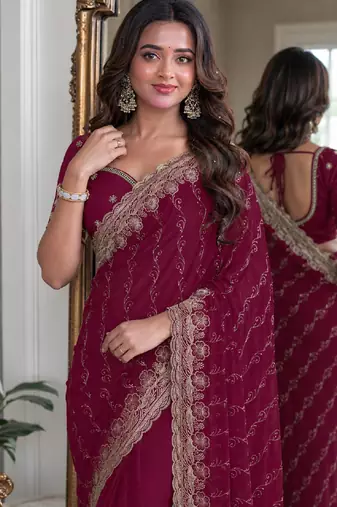 Wine soft georgette embroidery work festive saree with unstitched blouse piece