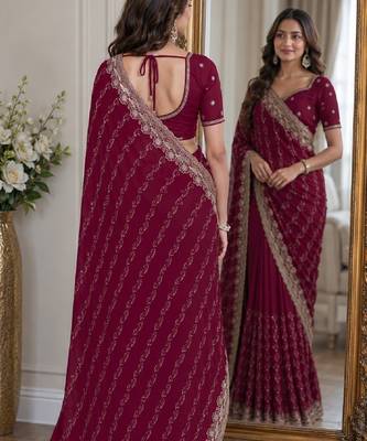 Wine soft georgette embroidery work festive saree with unstitched blouse piece 3