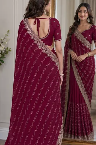 Wine soft georgette embroidery work festive saree with unstitched blouse piece