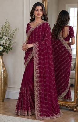 Wine soft georgette embroidery work festive saree with unstitched blouse piece 4