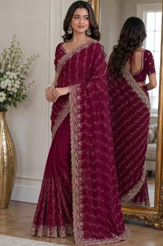 Wine soft georgette embroidery work festive saree with unstitched blouse piece