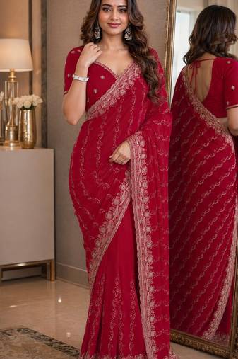 Pink soft georgette embroidery work festive saree with unstitched blouse piece