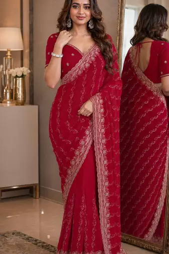 Pink soft georgette embroidery work festive saree with unstitched blouse piece