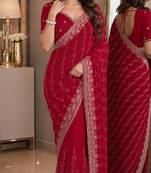 Pink soft georgette embroidery work festive saree with unstitched blouse piece
