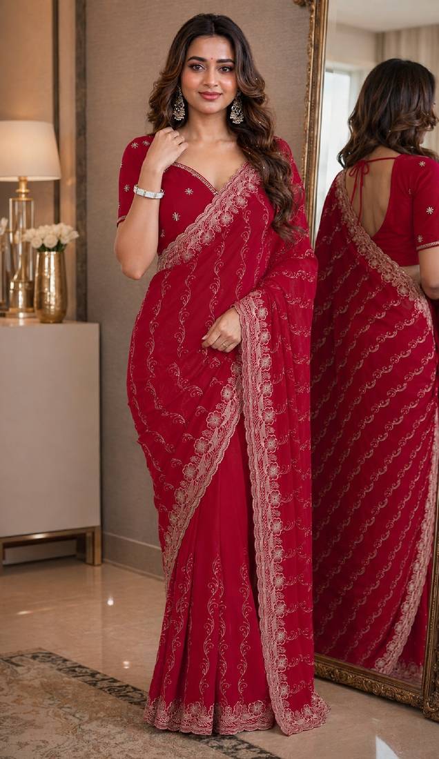 Pink soft georgette embroidery work festive saree with unstitched blouse piece