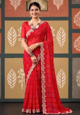 Red color smart chiffon fabric designer embroidered smart and elegant saree 1