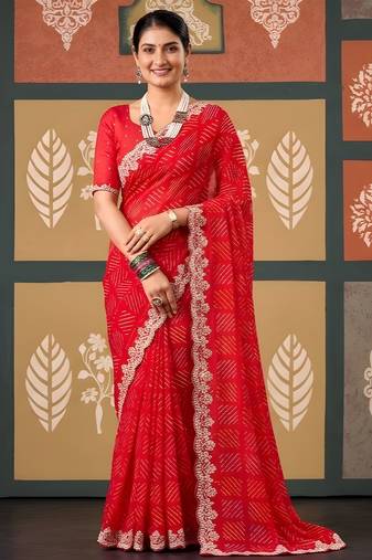 Red color smart chiffon fabric designer embroidered smart and elegant saree