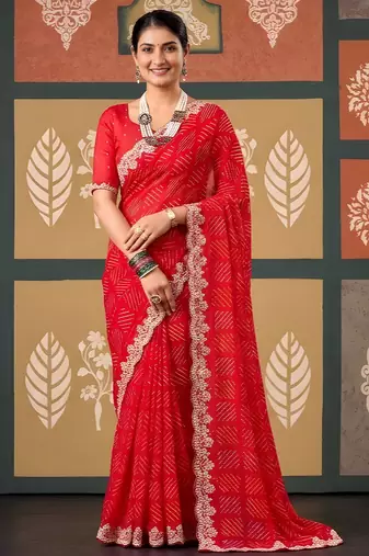 Red color smart chiffon fabric designer embroidered smart and elegant saree
