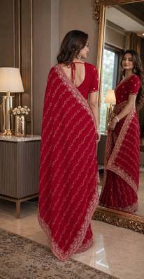 Pink soft georgette embroidery work festive saree with unstitched blouse piece 3