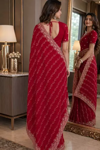 Pink soft georgette embroidery work festive saree with unstitched blouse piece