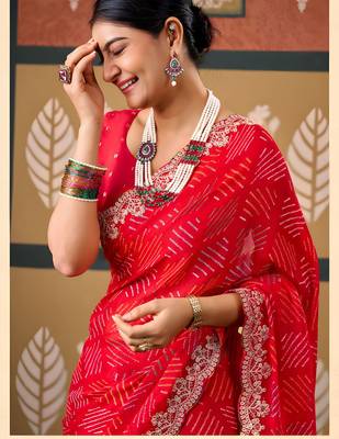 Red color smart chiffon fabric designer embroidered smart and elegant saree 3