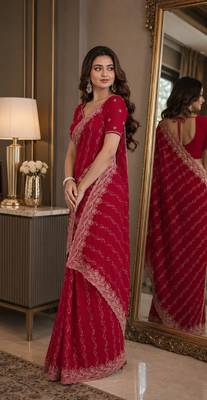 Pink soft georgette embroidery work festive saree with unstitched blouse piece 4