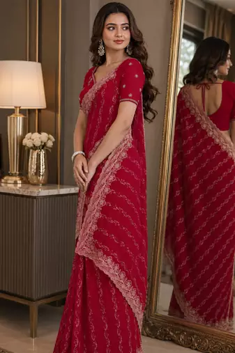 Pink soft georgette embroidery work festive saree with unstitched blouse piece