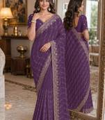 Lavender soft georgette embroidery work festive saree with unstitched blouse piece