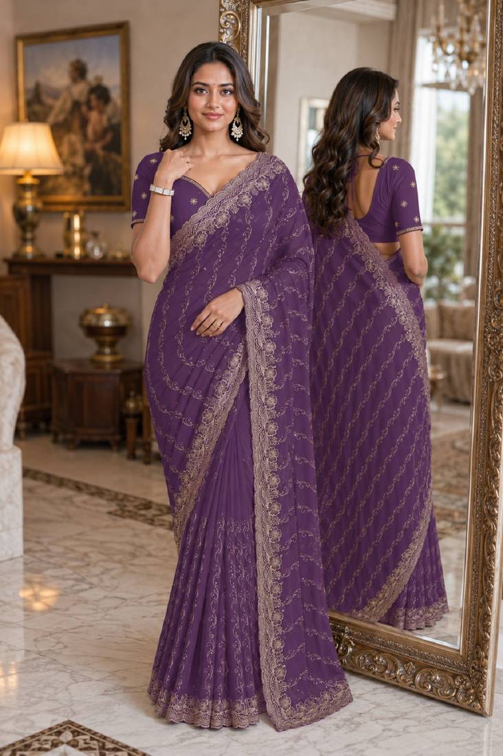Lavender soft georgette embroidery work festive saree with unstitched blouse piece