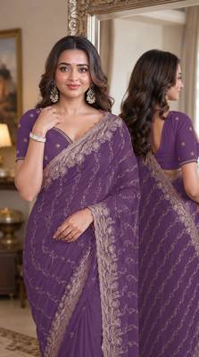 Lavender soft georgette embroidery work festive saree with unstitched blouse piece 2