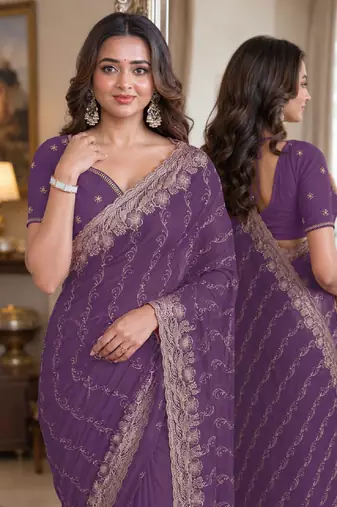 Lavender soft georgette embroidery work festive saree with unstitched blouse piece