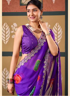 Violet color smart chiffon fabric designer embroidered smart and elegant saree 3