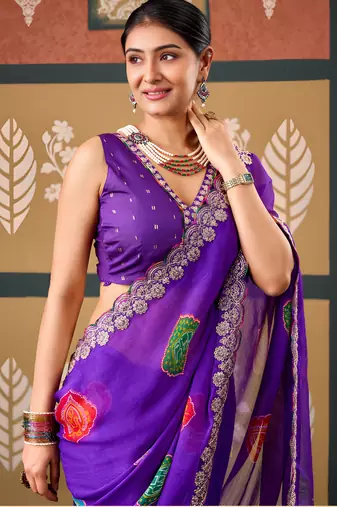 Violet color smart chiffon fabric designer embroidered smart and elegant saree